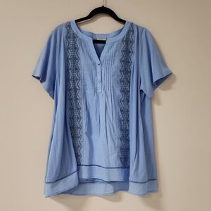 LOGO Lori Goldstein Relaxed Short Sleeve Tunic Blouse with Pleats Light Blue XL